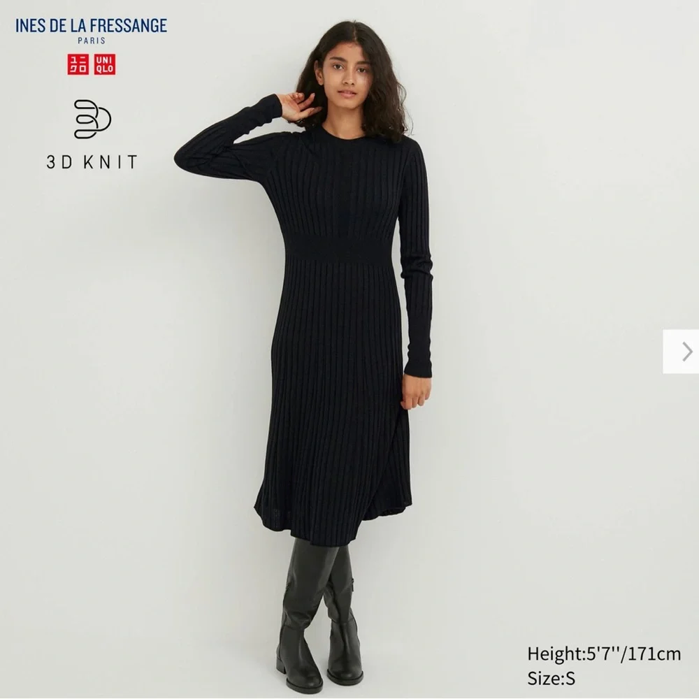 long sleeve dress uniqlo Uniqlo x IDLF 3D Knit Ribbed Crew Neck Long-Sleeve Dress